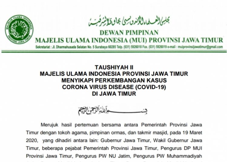 Sikapi Perkembangan Virus Corona, MUI Jatim Keluarkan Taushiah II