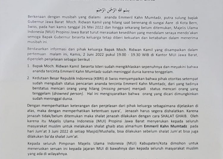 Jumat Ini, MUI Jabar Ajak Shalat Gaib untuk Putra Ridwan Kamil