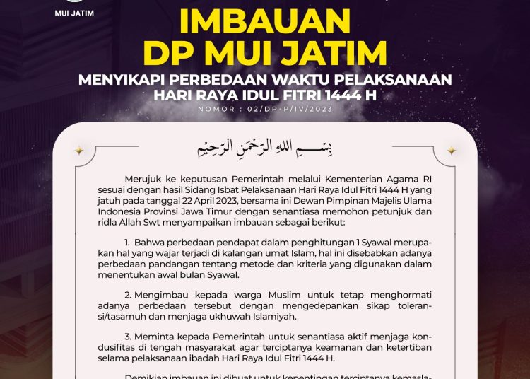 Imbauan DP MUI Jatim Menyikapi Perbedaan Idul Fitri 1444 H