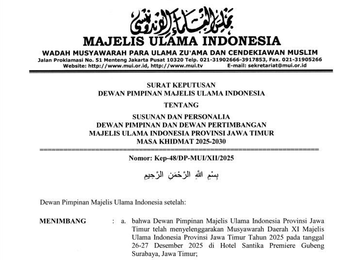 SK MUI Provinsi Jawa Timur Masa Khidmat 2025-2030